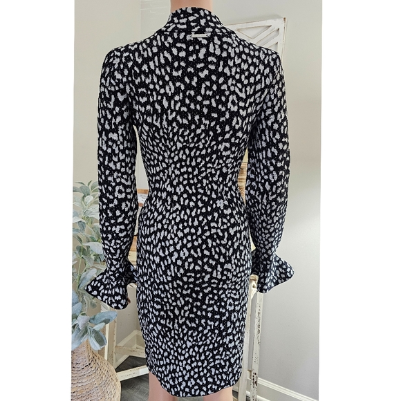 Michael Kors Black Metallic Silver Cheetah Print Bell Sleeve Sheath Dress - Picture 6 of 9